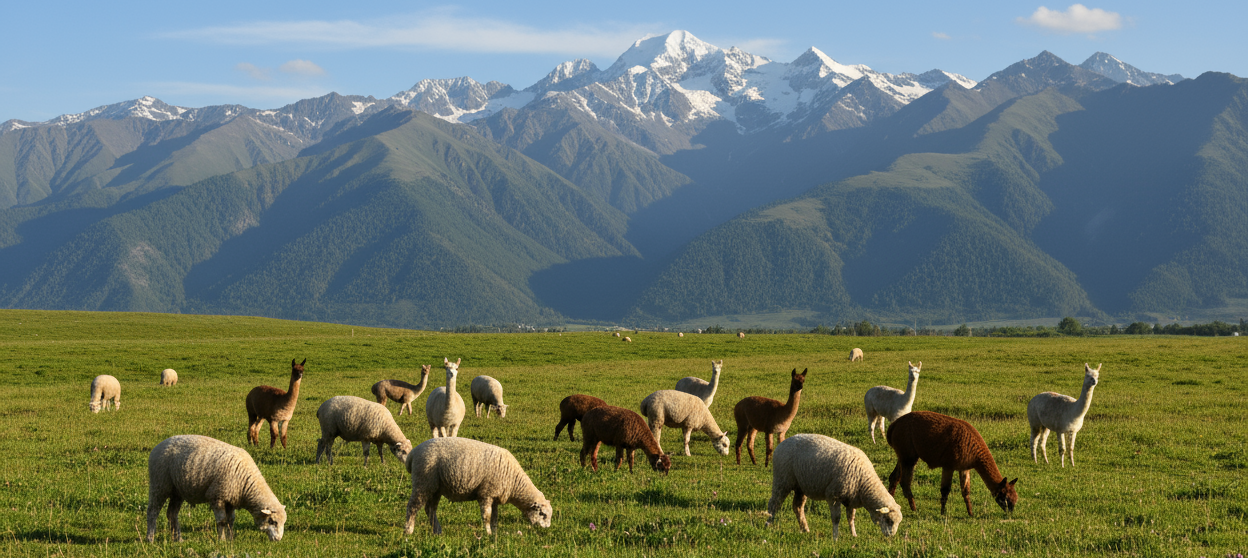 Sheep and Alpacas on field with mountains 